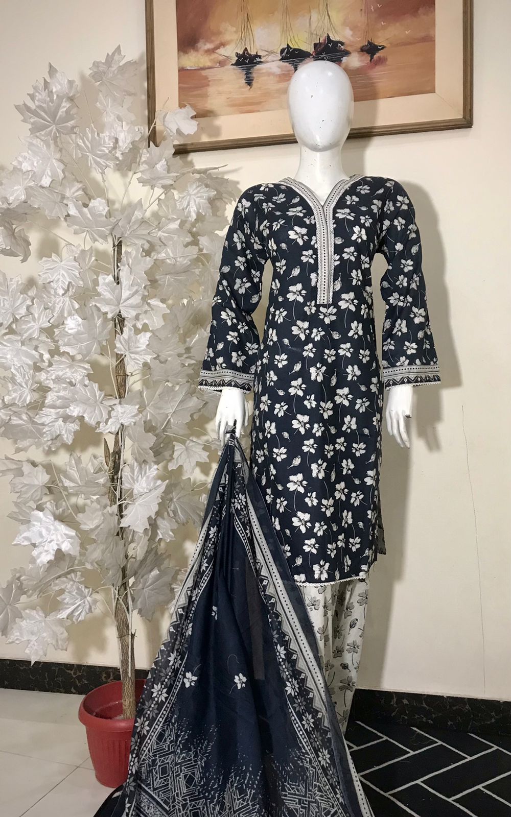 Bin Saeed Printed Lawn Stitched 3 Piece - SM 788 - BS25EL - white/black- Summer Collection