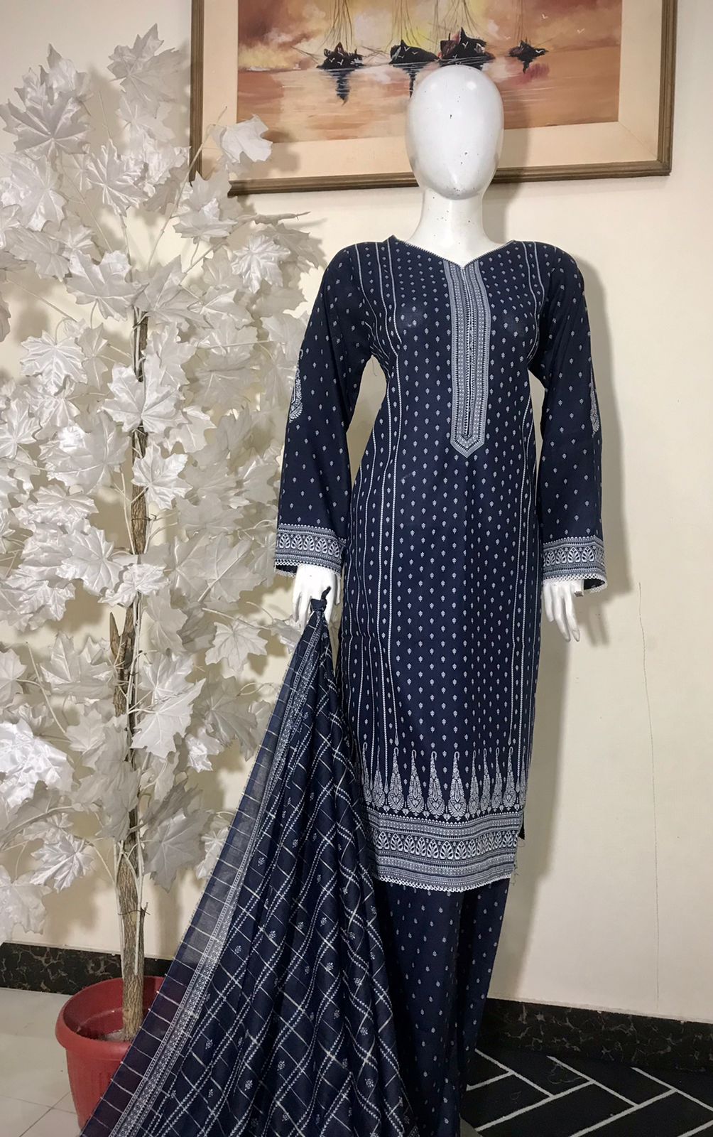 Bin Saeed Printed Lawn Stitched 3 Piece - SM 788 - BS25EL - navy blue- Summer Collection