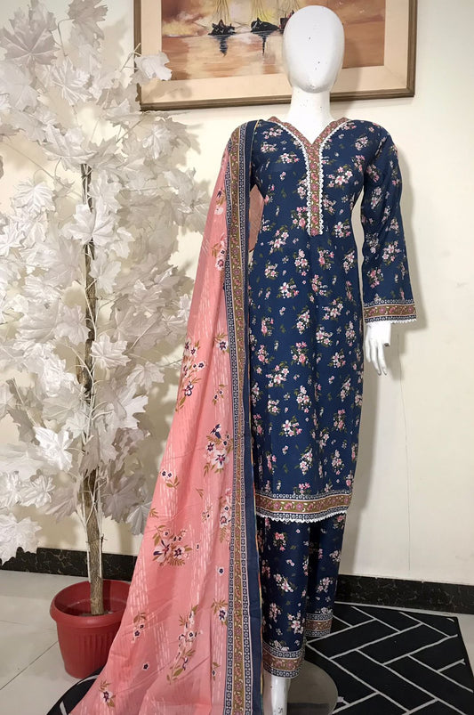 Bin Saeed Printed Lawn Stitched 3 Piece - SM 788 - BS25EL - BLUE/PINK- Summer Collection