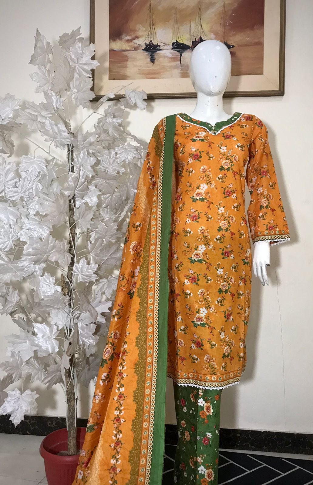 Bin Saeed Printed Lawn Stitched 3 Piece - SM 788 - BS25EL - green/yellow - Summer Collection