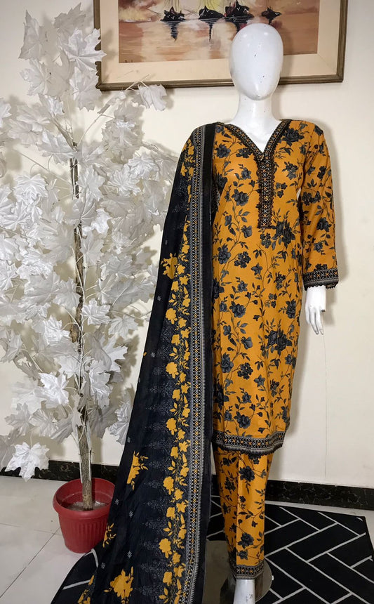 Bin Saeed Printed Lawn Stitched 3 Piece - SM 788 - BS25EL - black/yellow - Summer Collection