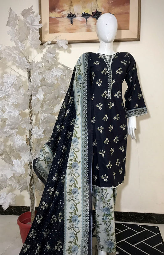 Bin Saeed Printed Lawn Stitched 3 Piece - SM 788 - BS25EL - BLACK - Summer Collection