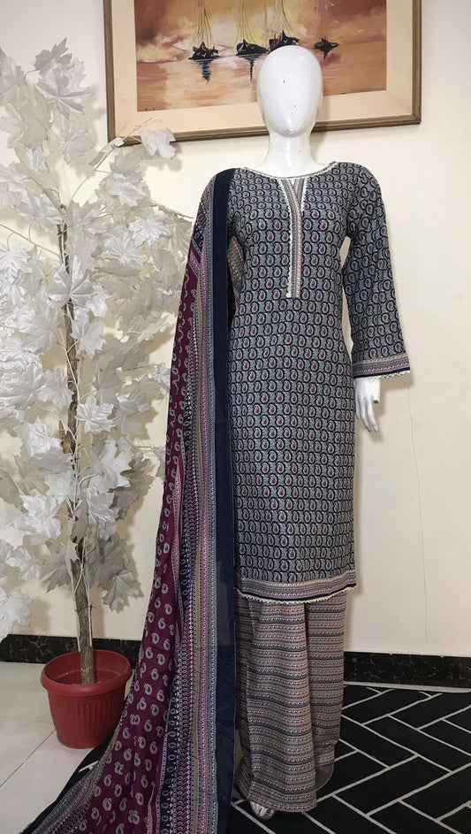 Bin Saeed Printed Lawn Stitched 3 Piece - SM 788 - BS25EL - Dark Blue - Summer Collection