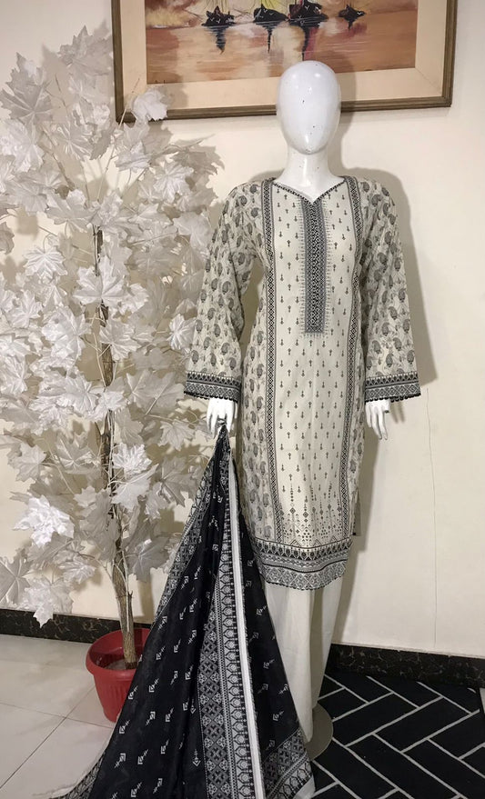 Bin Saeed Printed Lawn Stitched 3 Piece - SM 788 - BS25EL - half white with black - Summer Collection