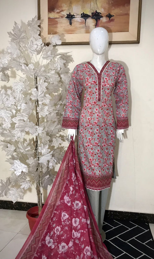 Bin Saeed Printed Lawn Stitched 3 Piece - SM 788 - BS25EL - silver/red- Summer Collection