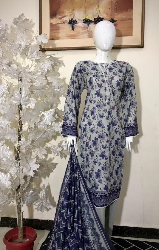 Bin Saeed Printed Lawn Stitched 3 Piece - SM 788 - BS25EL - PURPLE/WHITE - Summer Collection