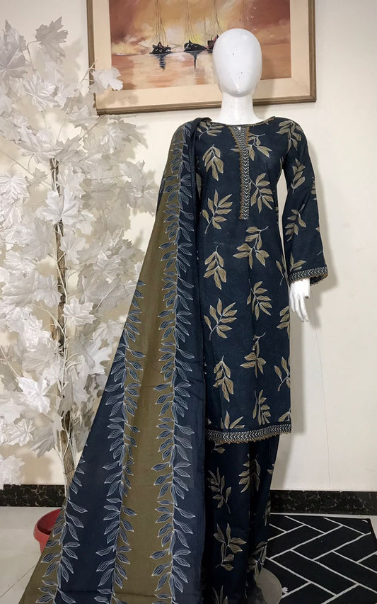Bin Saeed Printed Lawn Stitched 3 Piece - SM 788 - BS25EL - NAVY  BLUE WITH BROWN - Summer Collection