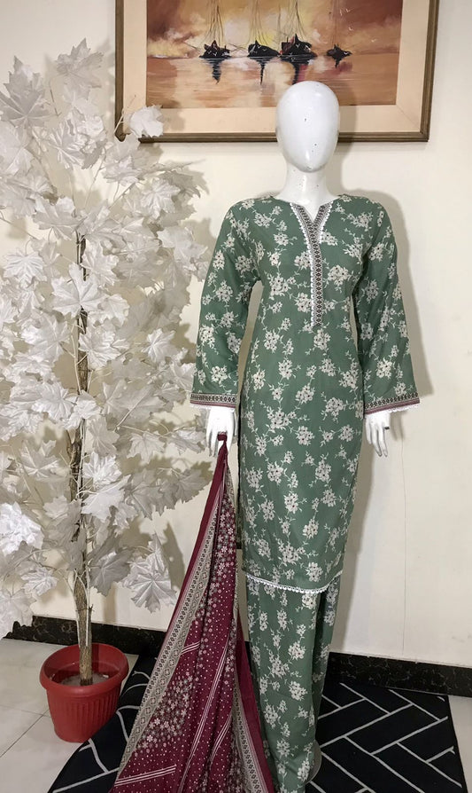 Bin Saeed Printed Lawn Stitched 3 Piece - SM 788 - BS25EL - green/white with red- Summer Collection