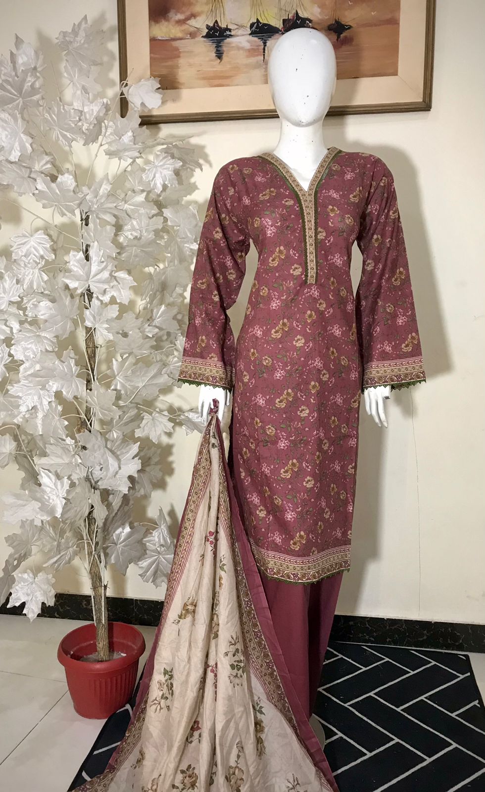 Bin Saeed Printed Lawn Stitched 3 Piece - SM 788 - BS25EL - MEHROON - Summer Collection